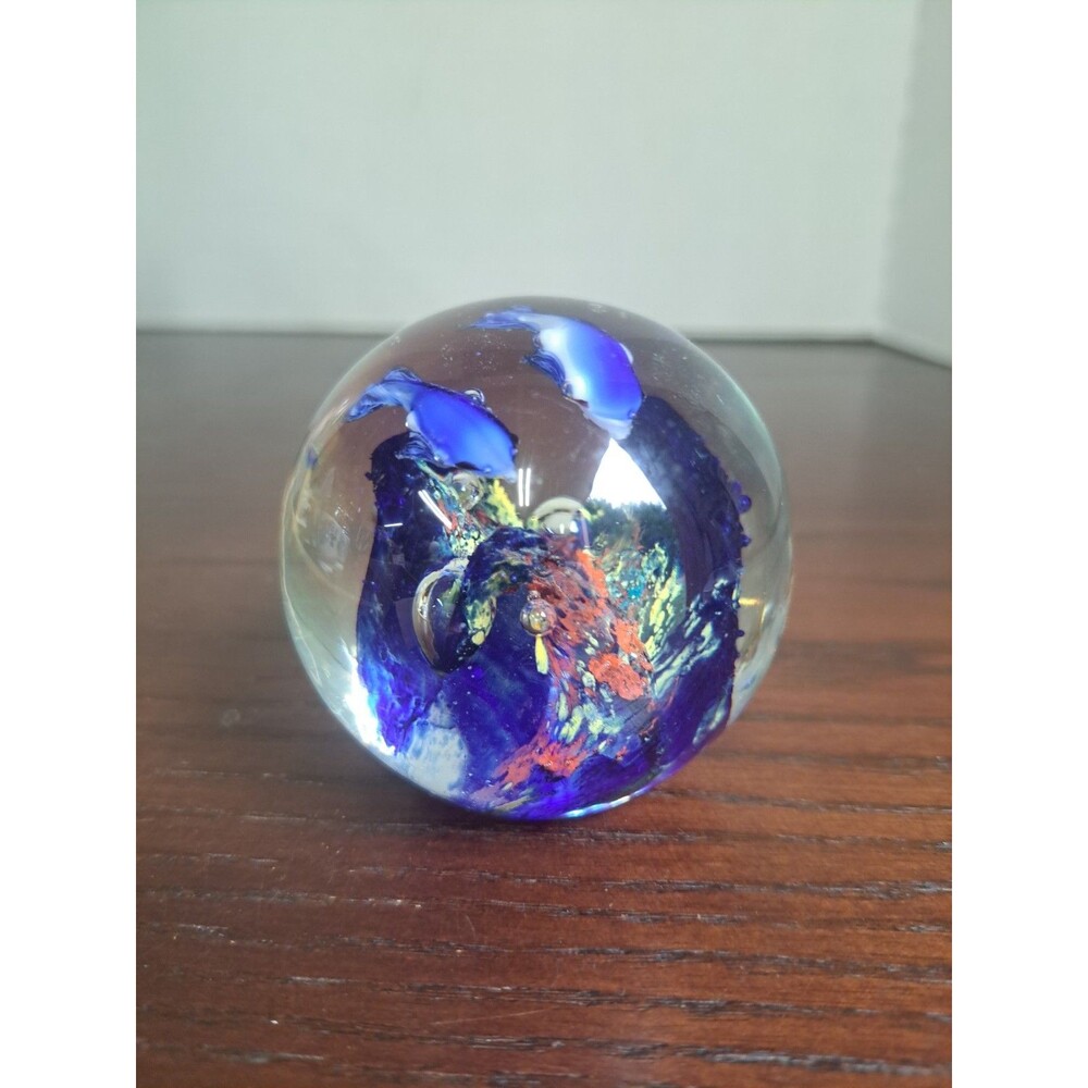 Vintage Murano Style Art Glass Paper Weight Dolphins With Coral Reef